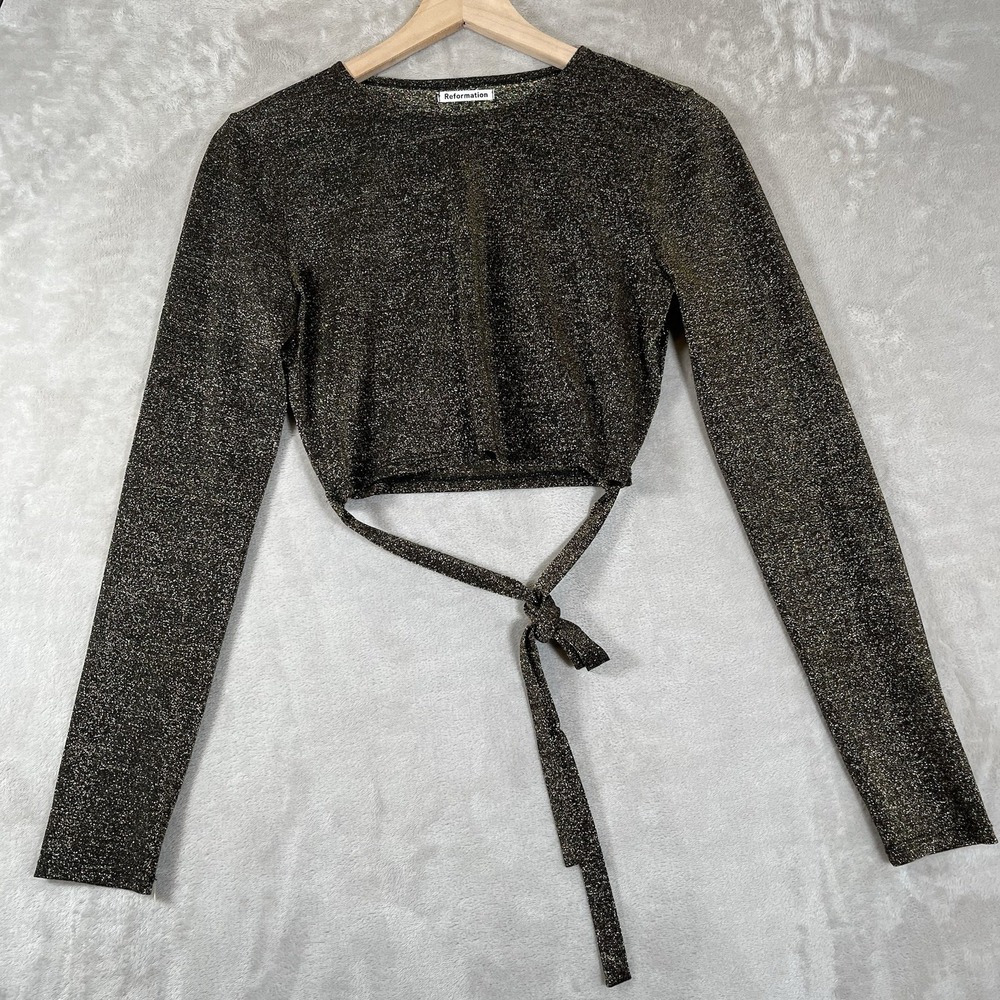 Reformation Crop Top M Jupiter Metallic Sparkle Black/Gold Tie